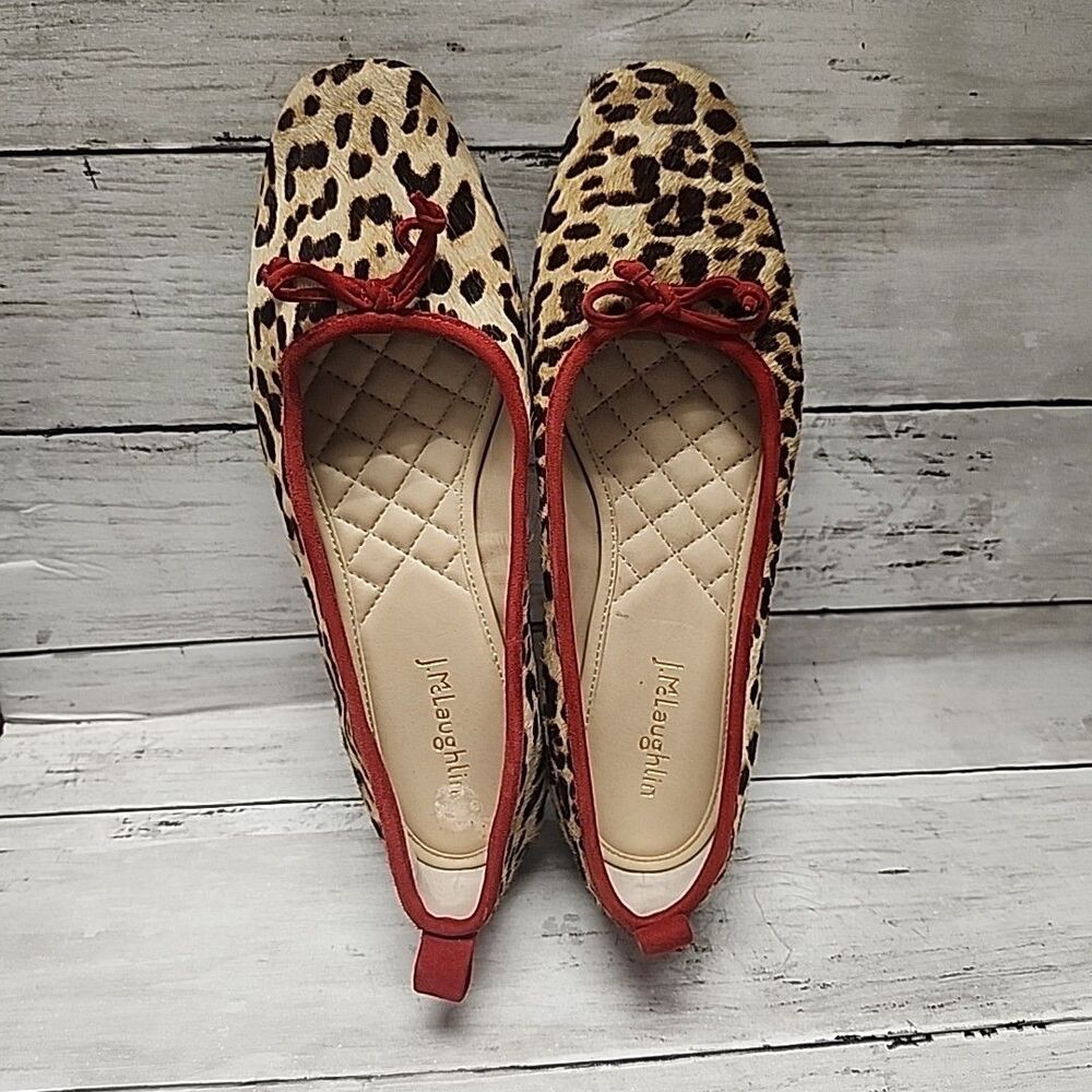 J. McLAUGHLIN Anastasia Leopard Calf Hair Ballet Flats Red Trim Sz 7.5 - Picture 3 of 12